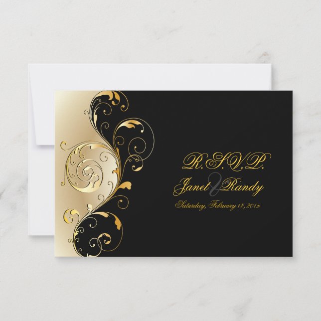 PixDezines rsvp Filigree+swirls/black+gold Card (Front)
