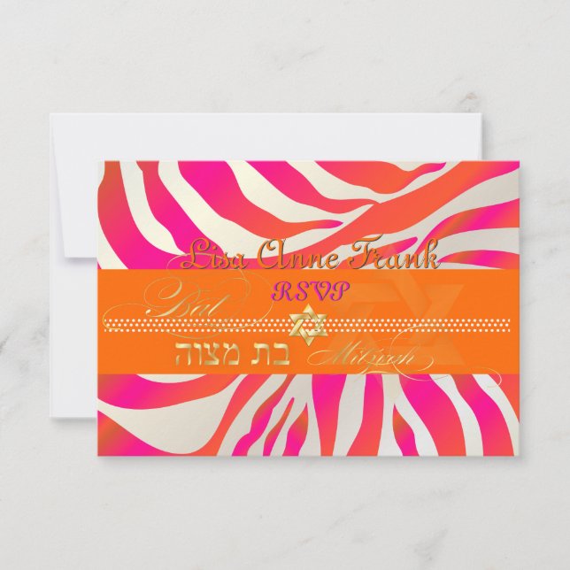 PixDezines rsvp Hot Pink+Orange Zebra, Bat Mitzvah Card (Front)