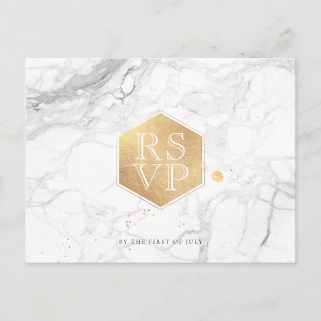 PixDezines RSVP/MARBLE+FAUX GOLD HONEYCOMB Invitation Postcard (Front)