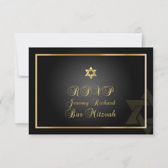 PixDezines rsvp Star, Bar Mitzvah/black+gold Invitation (Front)