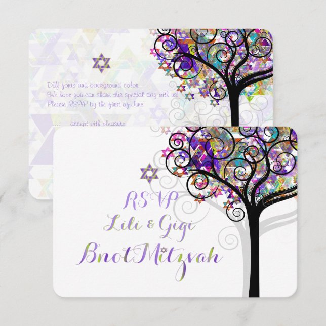 PixDezines RSVP TREE OF LIFE Bnot MITZVAH/PURPLE Invitation (Front/Back)