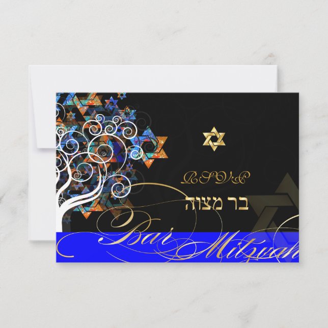 PixDezines rsvp tree of life+stars, Bar Mitzvah Card (Front)