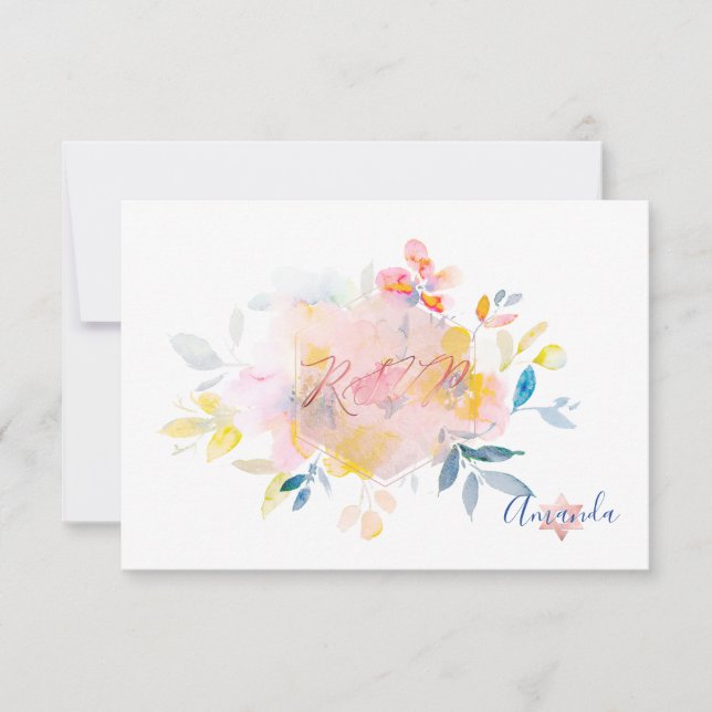 PixDezines RSVP Watercolor Flowers Bat Mitzvah ✡ Card (Front)