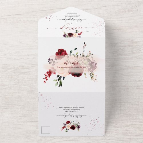 PixDezines Rustic Blush Burgundy WatercolorFlowers All In One Invitation