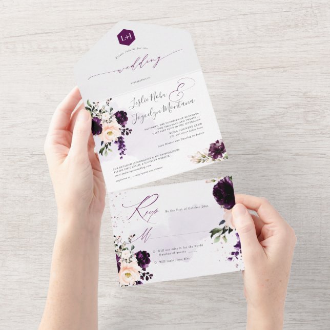 PixDezines Rustic Dark Purple H2 Roses Peonies All In One Invitation (Tearaway)