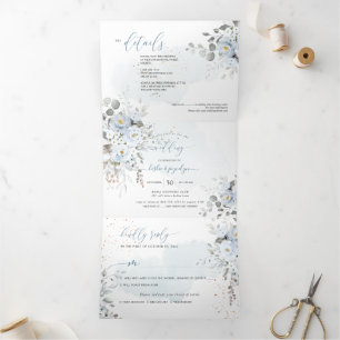 PixDezines Rustic Dusty Blue Roses Eucalyptus Tri-Fold Invitation