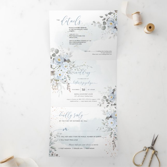 PixDezines Rustic Dusty Blue Roses Eucalyptus Tri-Fold Invitation (Inside)