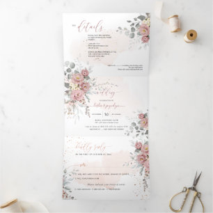 PixDezines Rustic Dusty Pink Roses Eucalyptus Tri-Fold Invitation