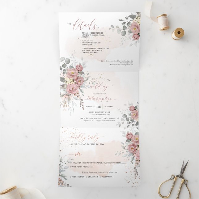 PixDezines Rustic Dusty Pink Roses Eucalyptus Tri-Fold Invitation (Inside)