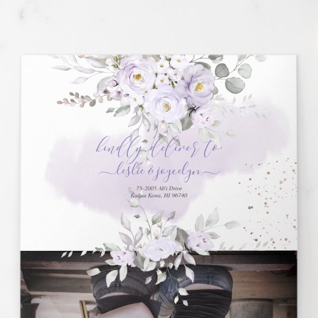 PixDezines Rustic Dusty Purple Roses Eucalyptus Tri-Fold Invitation (Flap)
