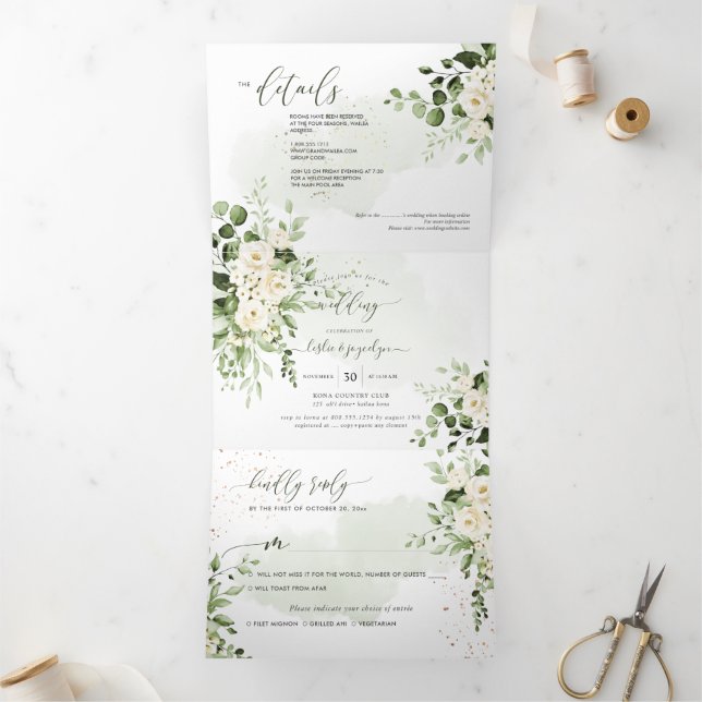 PixDezines Rustic Eucalyptus Alabaster Roses Tri-F Tri-Fold Invitation (Inside)