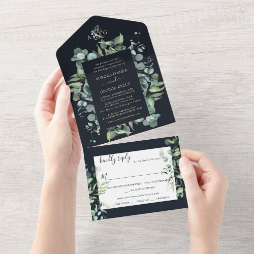 PixDezines Rustic Eucalyptus Navy n Gold   All In  All In One Invitation