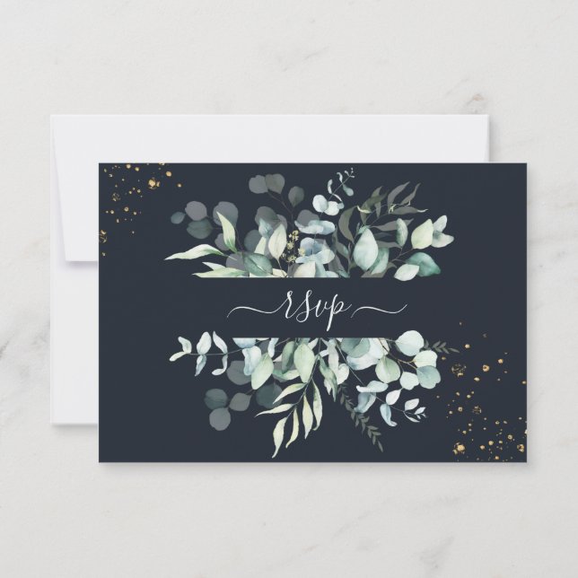 PixDezines Rustic Eucalyptus Navy n Gold RSVP Invitation (Back)