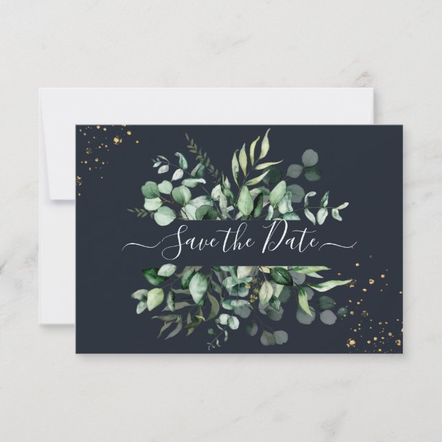 PixDezines Rustic Eucalyptus Navy n Gold Save The Date (Front)