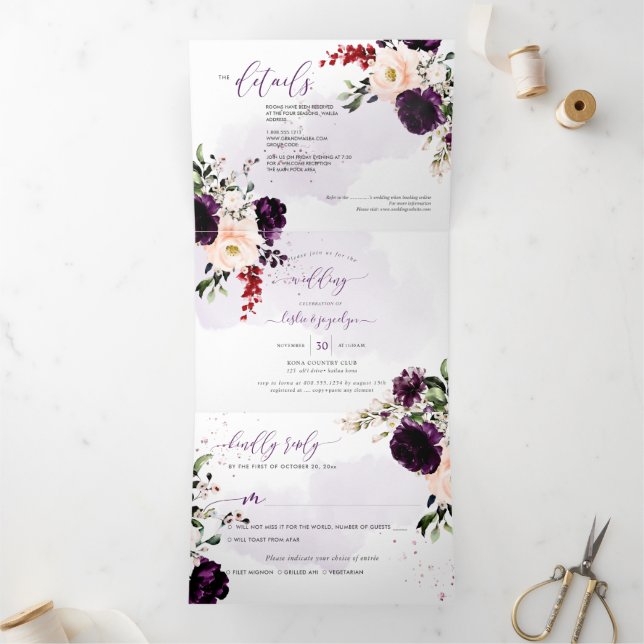 PixDezines Rustic H2 Aubergine Burgundy Flowers Tri-Fold Invitation (Inside)