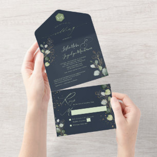 PixDezines Rustic H2 Green Gold Eucalyptus Navy All In One Invitation
