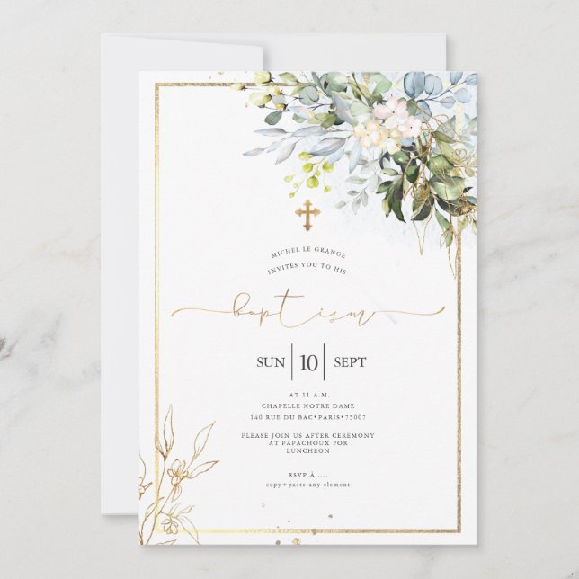 PixDezines Rustic Watercolor Eucalyptus Baptism Invitation (Front)