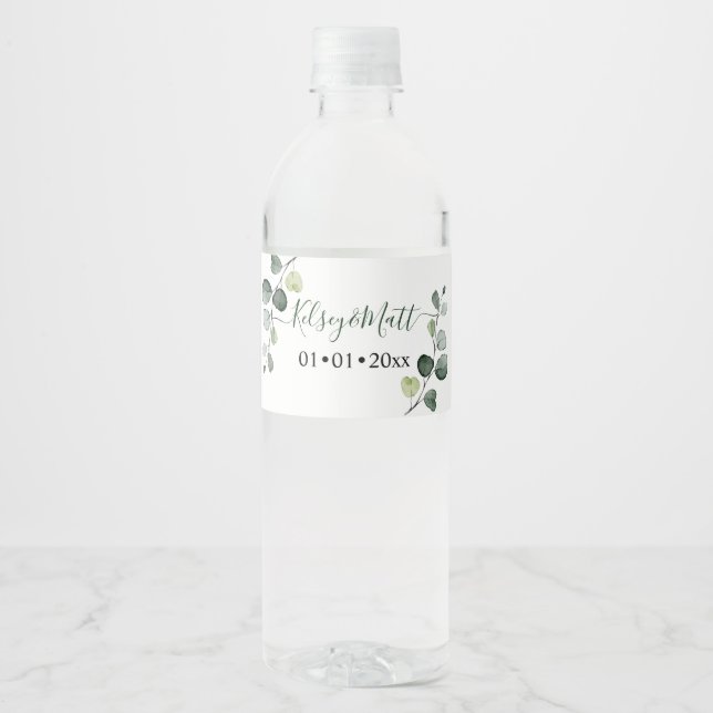 PixDezines Rusttic Watercolor Greenery Eucalyptus Water Bottle Label (Front)