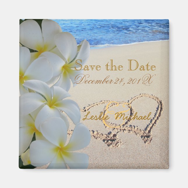 PixDezines Save Date, Beach+Plumeria+Hearts Magnet (Front)
