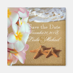 PixDezines Save Date, beach+plumeria+starfish Magnet