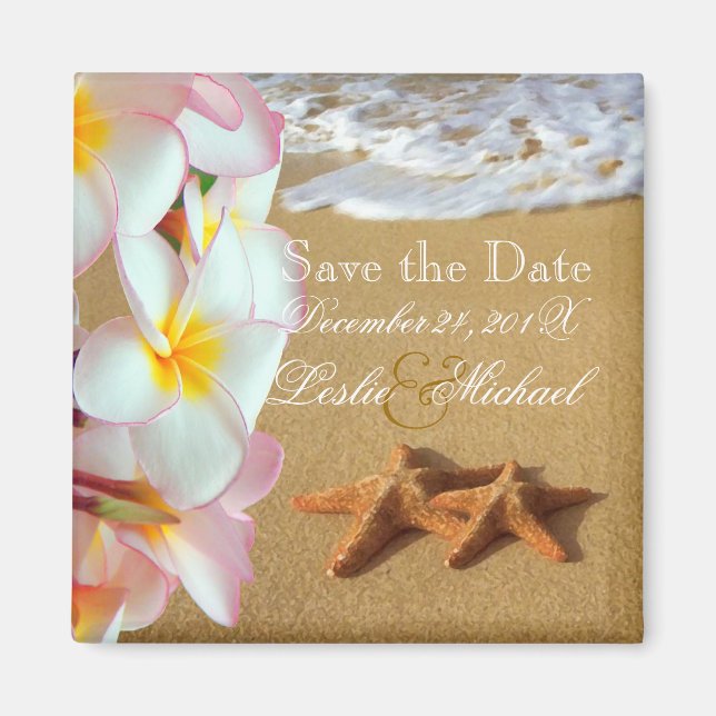 PixDezines Save Date, beach+plumeria+starfish Magnet (Front)