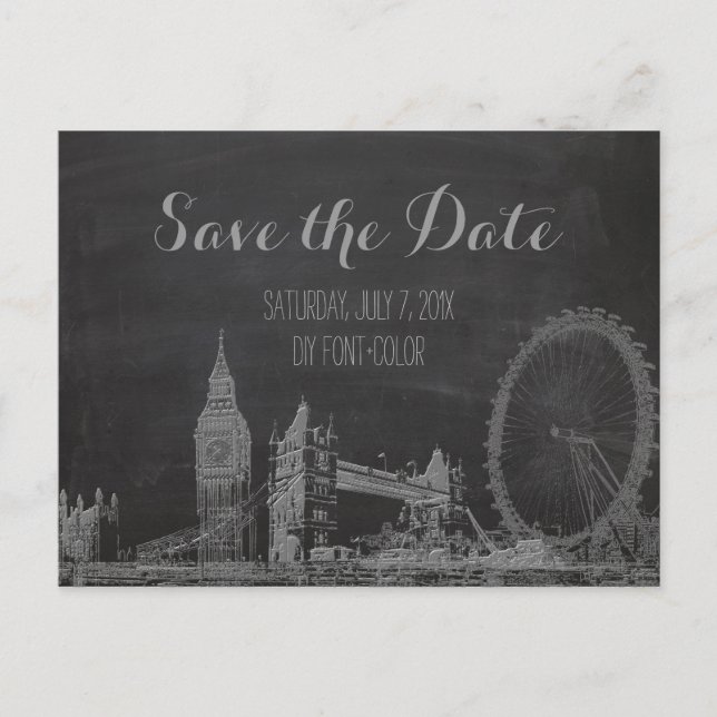 PixDezines/save date/chalkboard/london sketched Announcement Postcard (Front)