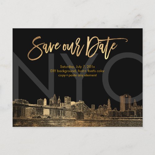 PixDezinesSave DateFaux GoldNYC Announcement Postcard