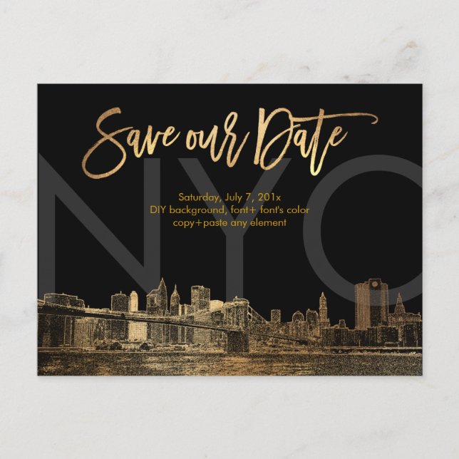 PixDezines/Save Date/Faux Gold/NYC Announcement Postcard (Front)