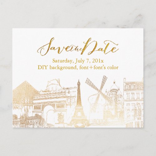 PixDezinesSave DateFaux GoldParis Sketched Announcement Postcard