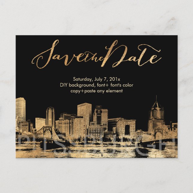 PixDezines/Save Date/Faux Gold/Pittsburgh Skyline Announcement Postcard (Front)