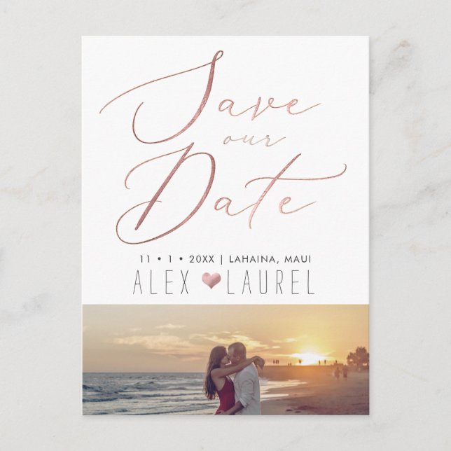 PixDezines Save Date, Faux Rose Gold Calligraphy Postcard (Front)