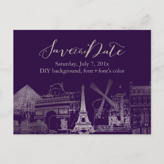 PixDezines/Save Date/Faux Silver/Paris Sketched Announcement Postcard (Front)