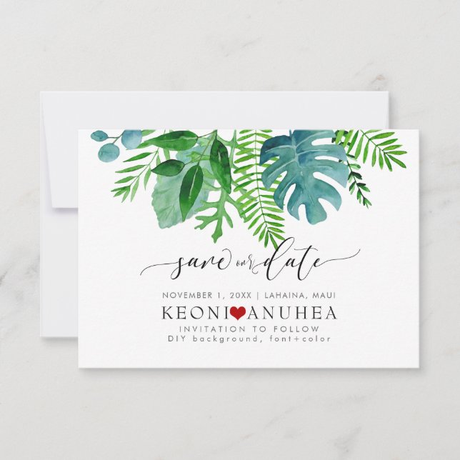 PixDezines Save Date/Greenery, Tropical Foliage Save The Date (Front)