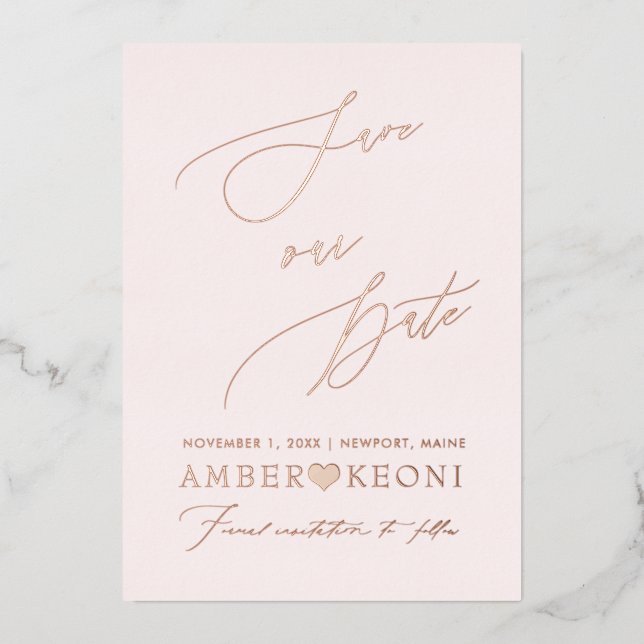 PixDezines Save Date Luxe Calligraphy Rose Gold Foil Invitation (Front)