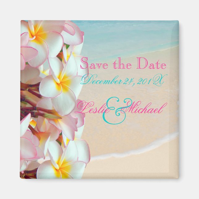 PixDezines Save Date, Pink Plumeria Lei+Beach Magnet (Front)