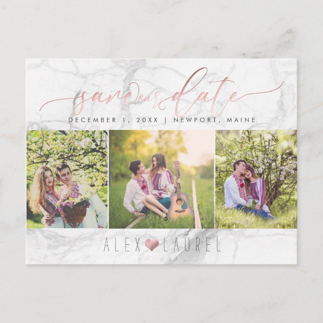 PixDezines Save our Date/Faux Rose Gold+Marble Announcement Postcard (Front)