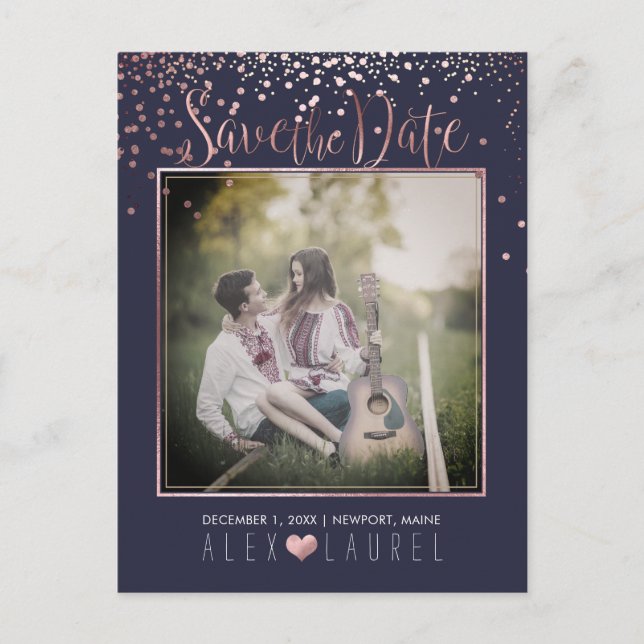 PixDezines Save th Date/Faux Rose Gold Confetti Announcement Postcard (Front)