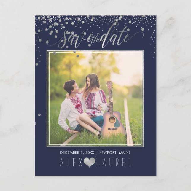 PixDezines Save th Date/Faux Silver Confetti Announcement Postcard (Front)