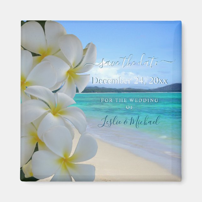PixDezines SAVE THE DATE / BEACH+PLUMERIA LEI Magnet (Front)