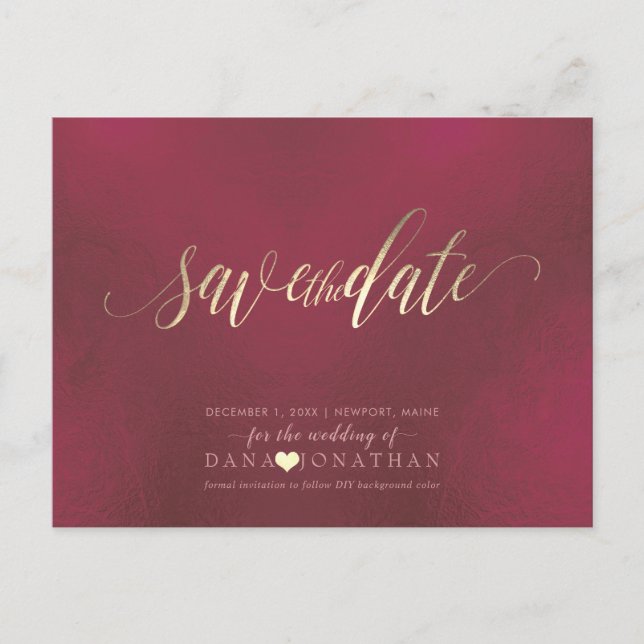 PixDezines Save the Date/Gold Iridescent Burgundy Postcard (Front)