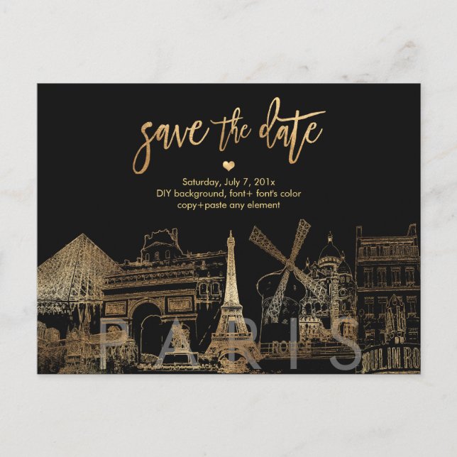 PixDezines/Save the Date Paris Skyline/Faux Gold Announcement Postcard (Front)
