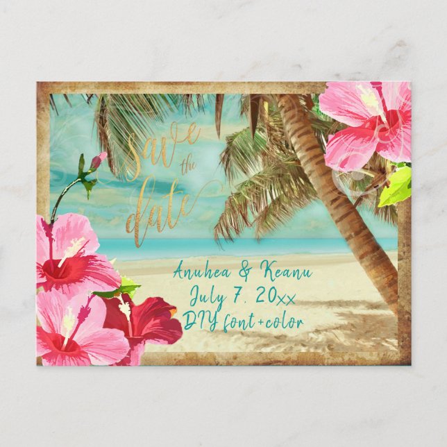 PixDezines/save the date/vintage tropical beach Announcement Postcard (Front)