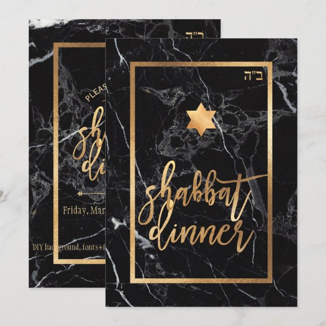 PixDezines Shabbat Dinner/Black Marble/Faux Gold Invitation (Front/Back)