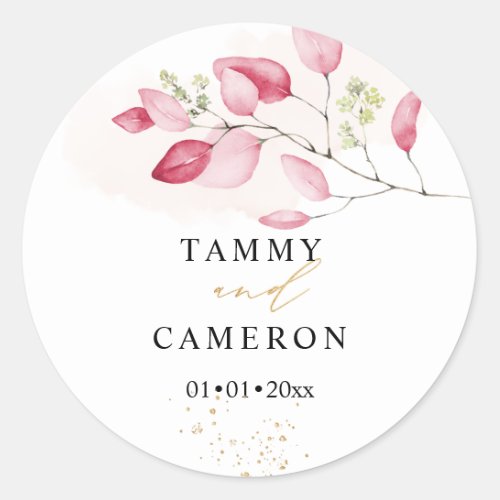 PixDezines Simple Watercolor Pink Gum Eucalyptus Classic Round Sticker