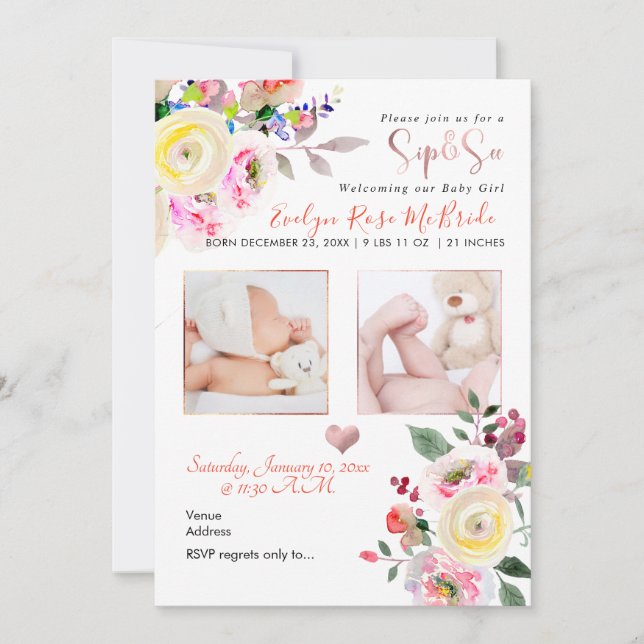 PixDezines SIP+SEE, PASTEL WATERCOLOR ROSES Announcement (Front)