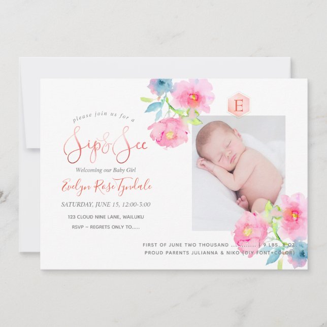 PixDezines SIP+SEE, WATERCOLOR FLOWERS Announcement (Front)