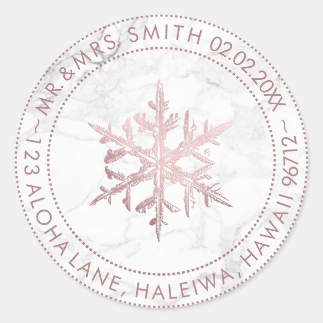 PixDezines SNOWFLAKE FAUX ROSE GOLD FOIL/MARBLE Classic Round Sticker (Front)