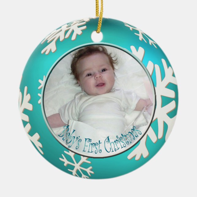 PixDezines Snowflakes Baby's First Christmas Ceramic Ornament (Front)