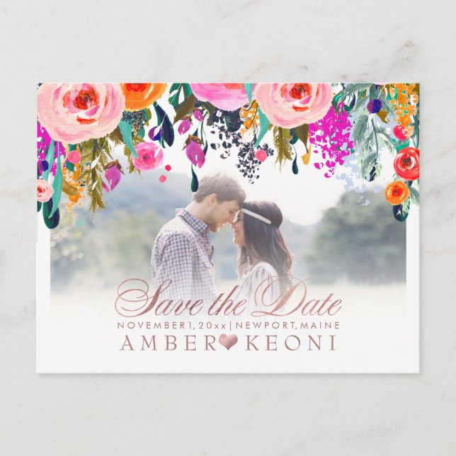 PixDezines Spring Floral Save the Date/Rose Gold Announcement Postcard (Front)