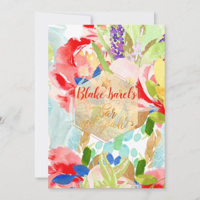 PixDezines Spring Watercolor Flowers Bar Mitzvah Invitation (Front)